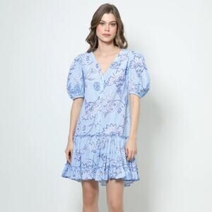 Kleid Chloe‎ Mini dress Flower Blue Sz M puff sleeve ruffle hem